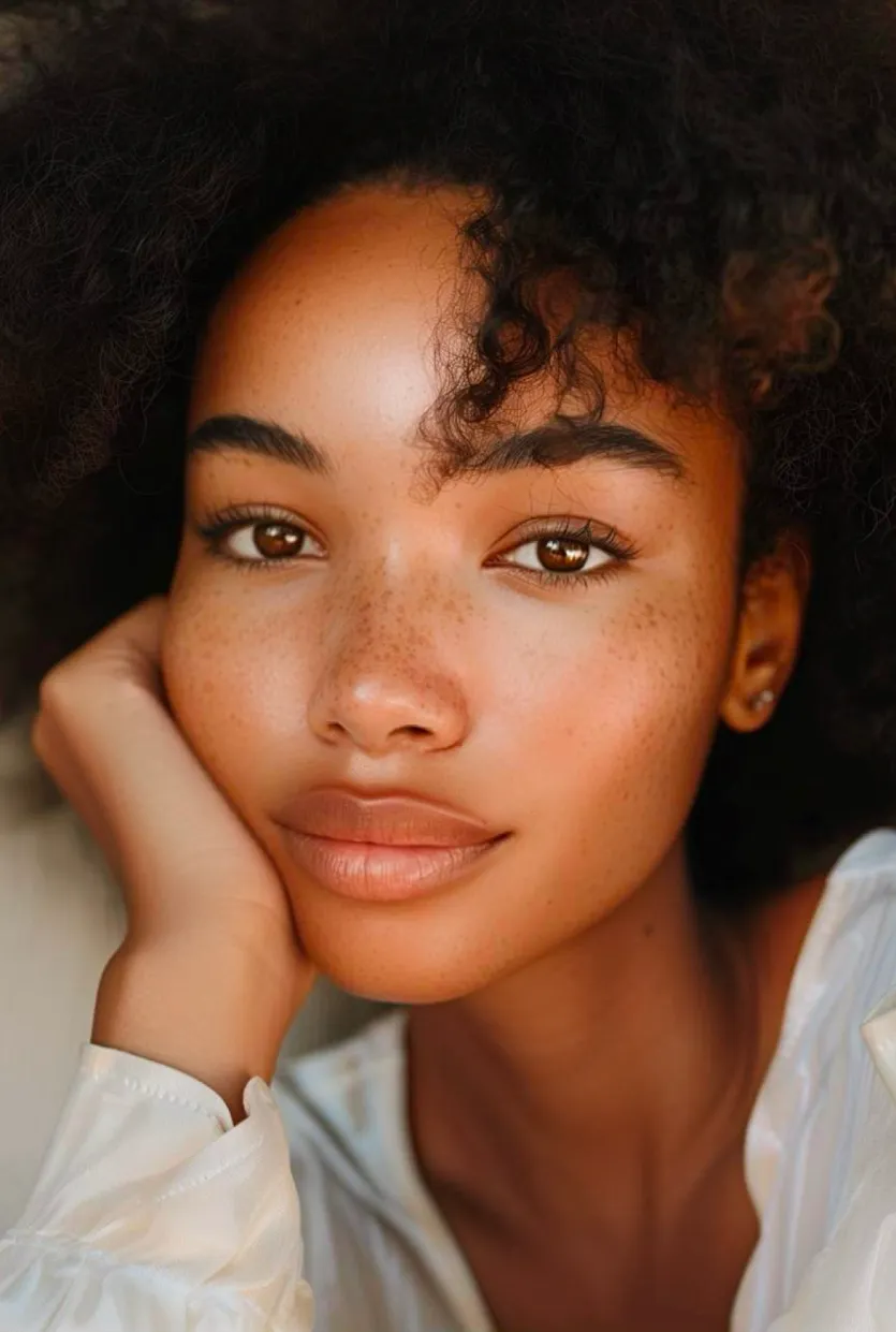 Portrait of a girl with white shirt and curly hair edited with Lensa AI face retouch